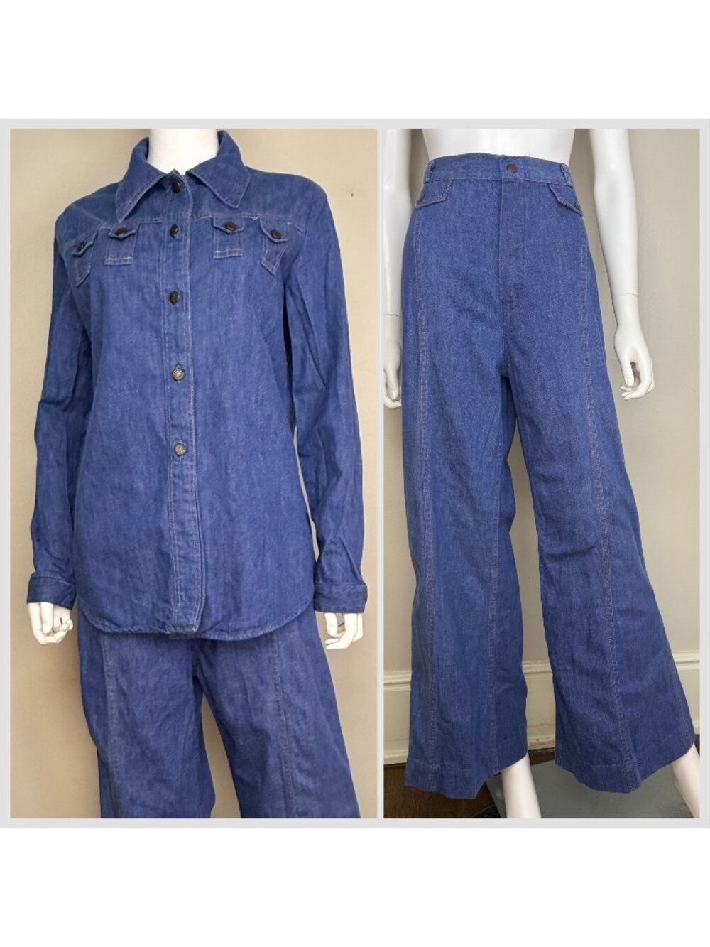 Vintage 1970s Women’s Denim Suit Shirt Jacket Bell Bottom Blue Jeans Set Sears M